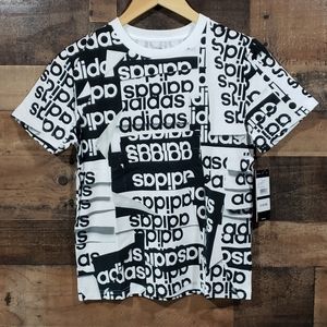 Adidas linear All Over logo Print short sleeve t-shirt NWT Size M & S Available